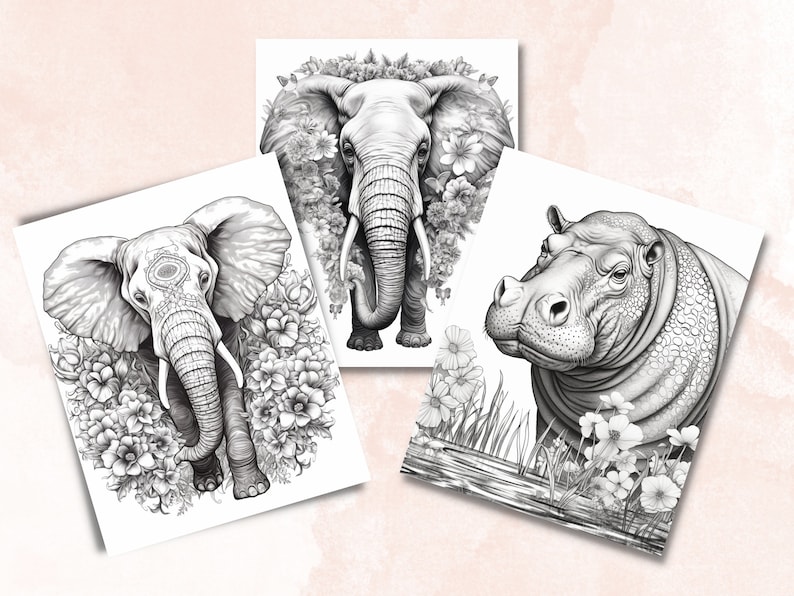 May include: Three black and white illustrations of animals. The first image is an elephant with flowers surrounding it. The second image is an elephant with flowers surrounding it. The third image is a hippopotamus with flowers surrounding it.