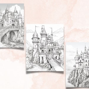 Puede incluir: Tres dibujos en blanco y negro de castillos de cuento de hadas en acantilados rocosos con puentes que conducen a las puertas principales. Cada castillo tiene un dise&ntilde;o &uacute;nico y est&aacute; rodeado de &aacute;rboles y monta&ntilde;as.