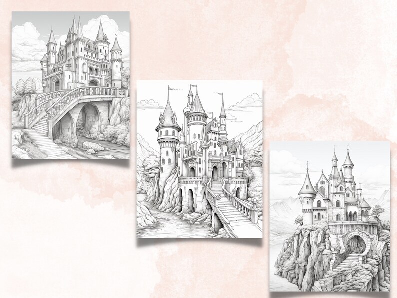 Puede incluir: Tres dibujos en blanco y negro de castillos de cuento de hadas en acantilados rocosos con puentes que conducen a las puertas principales. Cada castillo tiene un dise&ntilde;o &uacute;nico y est&aacute; rodeado de &aacute;rboles y monta&ntilde;as.