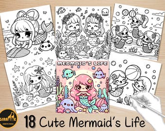May include: Set of 6 printable coloring pages featuring cute mermaids with different poses and accessories. The pages are black and white and have a simple design. The title "Mermaid's Life" is written at the top of one of the pages.