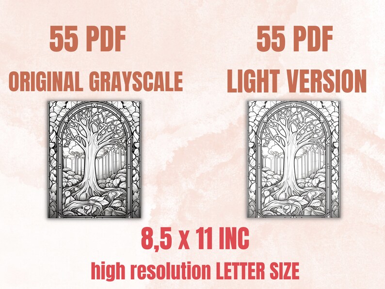 55 Stained Glass Forest Coloring Book, Printable Enchanted Forest Scenes Coloring Pages, Grayscale Magical Woodland Coloring Book for Adults