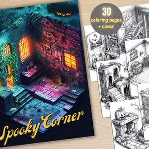 30 Spooky Corner Coloring Book, Printable Cute Horror Coloring Pages, Creepy Grayscale Coloring Book for Adults, Relax and Stress Relief