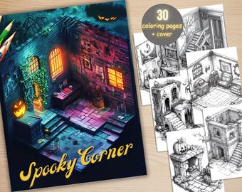 30 Spooky Corner Kolorowanka, Wydrukuj Urocze Horror Kolorowanki, Straszna Skala Szarości Kolorowanka dla Dorosłych, Relaks i Uśmierzanie Stresu