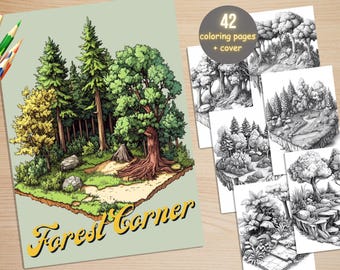 42 Forest Corner Coloring Book, Printable Cute Botanical Forest Coloring Pages, Grayscale Coloring Book for Adults, Relax and Stress Relief