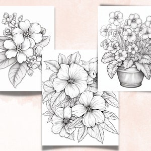 45 Violet Flowers Coloring Book, Printable PDF, Botanical Floral Plant Coloring Pages, Fantasy Grayscale Coloring Book for Adults and Kids