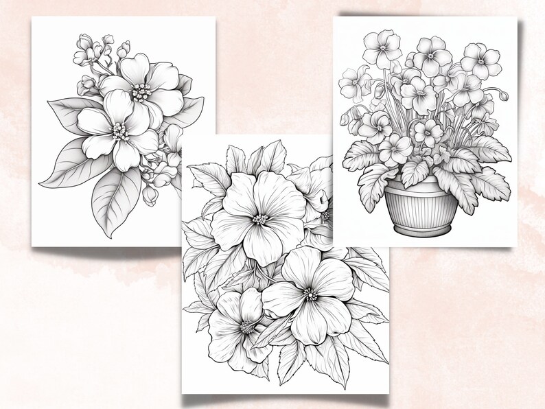 45 Violet Flowers Coloring Book, Printable PDF, Botanical Floral Plant Coloring Pages, Fantasy Grayscale Coloring Book for Adults and Kids