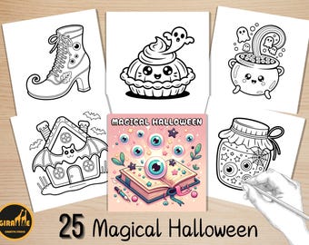 Páginas para colorir com elementos mágicos de Halloween, livro de colorir fácil e ousado, itens de bruxaria peculiares para colorir, atividade relaxante para adultos e crianças