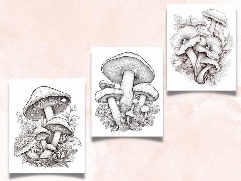 May include: A black and white line drawing of a cluster of mushrooms growing in a patch of grass. The mushrooms have different shapes and sizes, and some have a textured surface.