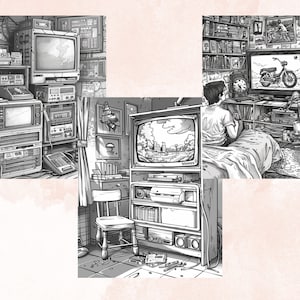 45 Nostalgia 90's Aesthetic Coloring Book, Printable PDF, Nostalgia Coloring Pages, Grayscale Vintage Scenes Coloring Book for Adults Kids