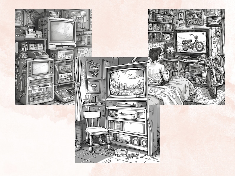 45 Nostalgia 90's Aesthetic Coloring Book, Printable PDF, Nostalgia Coloring Pages, Grayscale Vintage Scenes Coloring Book for Adults Kids