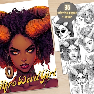 Puede incluir: Una portada de libro para colorear que presenta a una mujer con grandes cuernos naranjas y un peinado afro. El título del libro es "Afro Devil Girl" en letras amarillas. La imagen de la portada está en color, mientras que el resto de las páginas del libro están en blanco y negro.