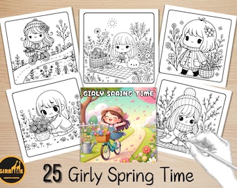 Bold and Easy Coloring Book, Girly Spring Time Coloring Pages, Cute Easter Spring Girl Coloring, Relaxing Activity for Adults, Stress Relief