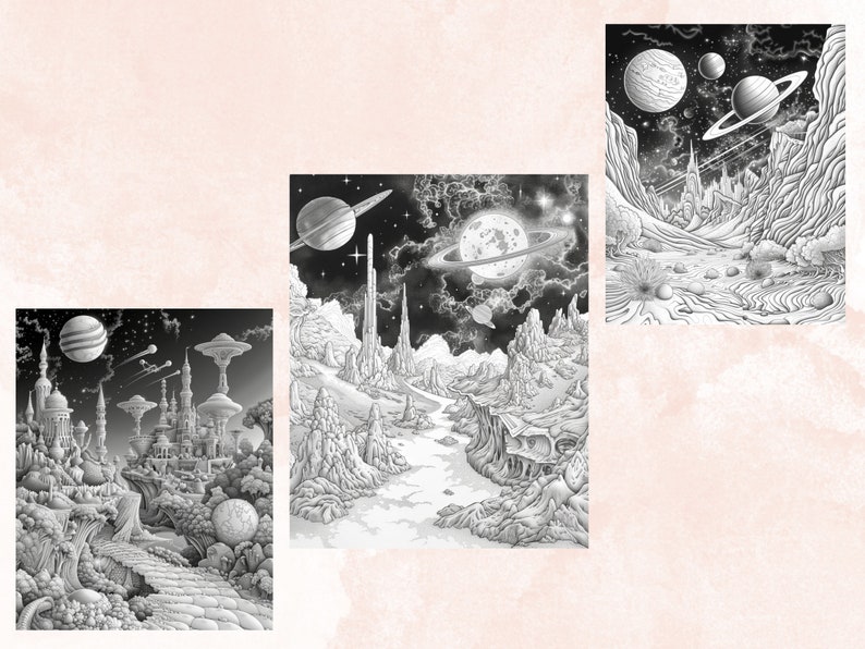 50 Enchanted Galaxy Coloring Book, Printable Fantasy Cosmic Coloring Pages, Celestial Space Grayscale Coloring Book for Adults and Kids