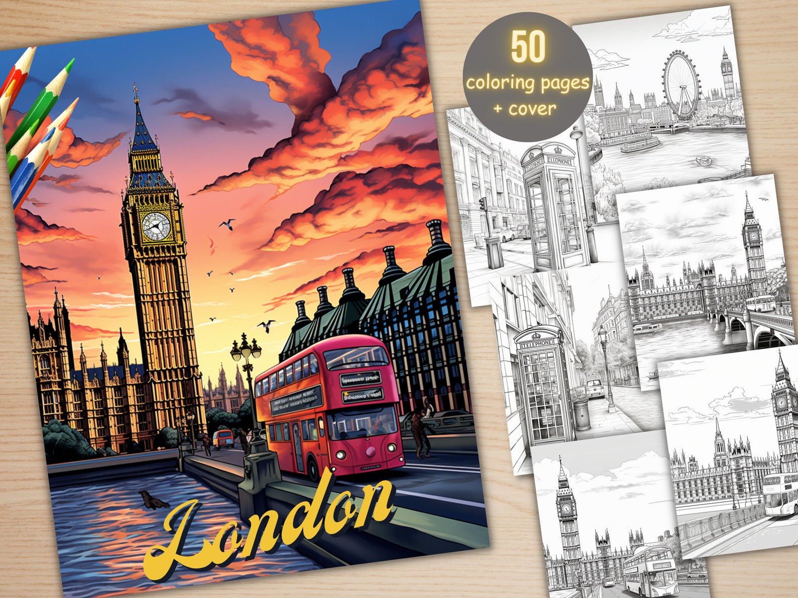 50 London City Coloring Book, Printable PDF, England Cafe Scenes ...