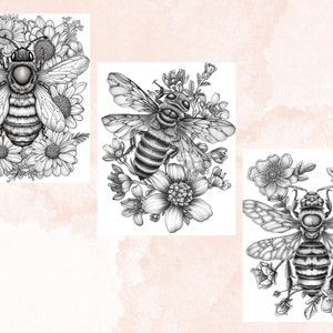 45 Spring Bee Coloring Book, Printable Floral Bee Coloring Pages, Grayscale Spring Flowers Insect Coloring Book for Adults and Kids