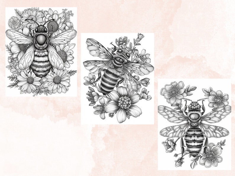45 Spring Bee Coloring Book, Printable Floral Bee Coloring Pages, Grayscale Spring Flowers Insect Coloring Book for Adults and Kids