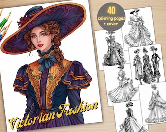 40 Victorian Era Style Coloring Book, Printable PDF, Vintage Fashion Women Coloring Pages, Grayscale Retro Coloring Book for Adults and Kids