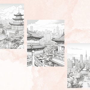 40 Seoul City Coloring Book, Printable PDF, Korean Cafe Scenes Coloring Pages, Street Landscape Grayscale Coloring Book for Adults and Kids
