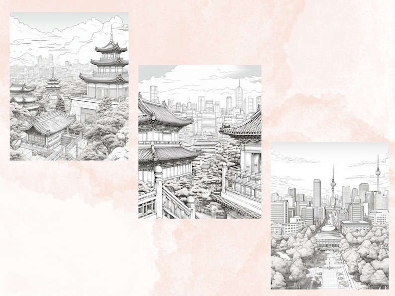 40 Seoul City Coloring Book, Printable PDF, Korean Cafe Scenes Coloring Pages, Street Landscape Grayscale Coloring Book for Adults and Kids