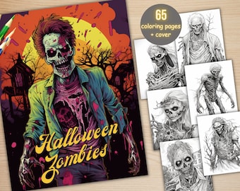 Puede incluir: Una portada de libro para colorear que presenta un zombie con una camisa rasgada y ensangrentada sobre un fondo amarillo brillante. El título del libro es "Halloween Zombies" en una fuente amarilla estilizada. La portada también incluye una puesta de sol y una silueta de una casa en el fondo. El libro contiene 65 páginas para colorear más una portada.