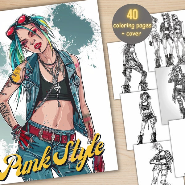 40 Punk Style Girls Coloring Book, Printable PDF, Gothic Fashion Women Coloring Pages, Grayscale Fashion Coloring Book for Adults and Kids