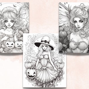 May include: Three black and white illustrations of women with wings and Halloween themes. The first image features a woman with butterfly wings holding two jack-o'-lanterns. The second image features a woman with witch's hat and a jack-o'-lantern. The third image features a woman with bat wings and a pumpkin.