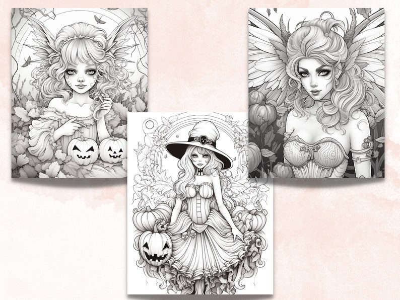 May include: Three black and white illustrations of women with wings and Halloween themes. The first image features a woman with butterfly wings holding two jack-o'-lanterns. The second image features a woman with witch's hat and a jack-o'-lantern. The third image features a woman with bat wings and a pumpkin.
