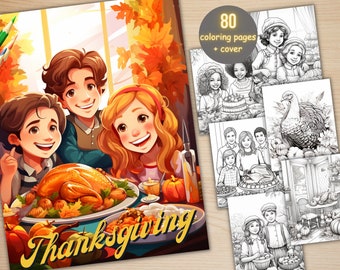 80 Thanksgiving Bundle Coloring Book, Printable Fall Pumpkin Harvest Coloring Pages, Grayscale Rustic Autumn Scenes Coloring Book for Adults