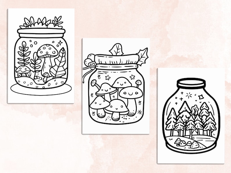 Bold and Easy Coloring Book, Cute Kawaii Forest Jar Coloring Pages, Enchanted Forest Scenes Coloring, Relaxing Activity for Adults and Kids