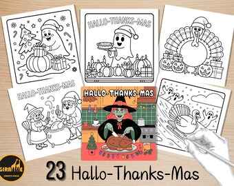 Hallo-Thanks-Mas Coloring Pages, Bold and Easy Drink Coloring Book, Happy Hallothanksmas Coloring, Relaxing Activity for Adults and Kids