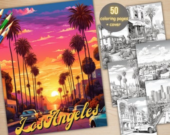 50 Los Angeles City Coloring Book, Printable PDF, USA Scenes Coloring Pages, Street Landscape Grayscale Coloring Book for Adults and Kids