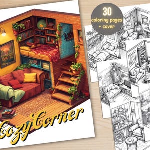 30 Cozy Corner Coloring Book, Printable Boho Cozy Interior Design Coloring Pages, Grayscale Isometric Pocket Room Coloring Book for Adults