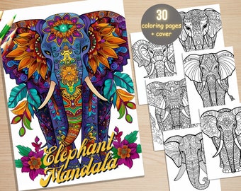 30 Elephant Mandala Coloring Book, Printable Stress Relief Patterns Coloring Pages, Mandala Wild Animals Coloring Book for Adult and Kids