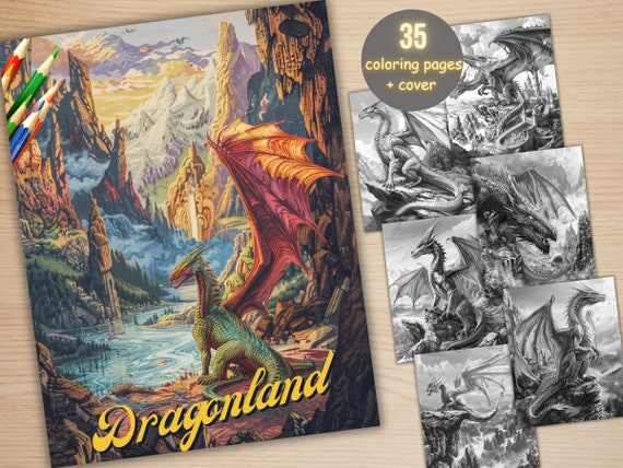35 Dragonland Coloring Book, Printable Flower Forest Dragon Coloring Pages, Grayscale Coloring Book for Adults and Kids, Fantasy Coloring