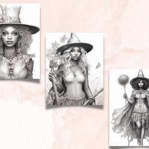 May include: Three black and white illustrations of witches wearing different hats and outfits. The witches are all standing and holding a staff or wand.
