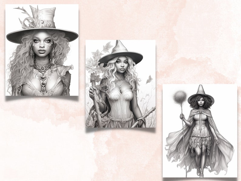 May include: Three black and white illustrations of witches wearing different hats and outfits. The witches are all standing and holding a staff or wand.