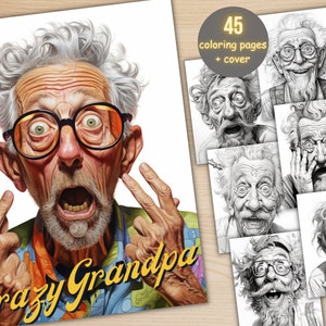45 Crazy Grandpa Portrait Coloring Book, Printable Wrinkled Elderly Man Coloring Pages, Grayscale Funny Old Men Coloring Book for Adults