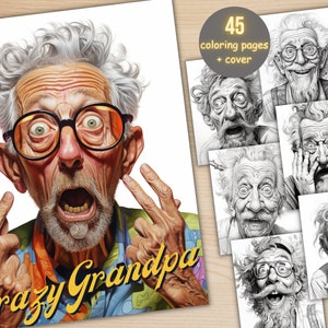 Puede incluir: Una portada de libro para colorear con una ilustración de dibujos animados de un hombre mayor sorprendido con barba blanca y pelo gris. El hombre lleva una camisa colorida y tiene los dedos levantados en el aire. El texto "Crazy Grandpa" está escrito en letras amarillas debajo de la imagen del hombre.