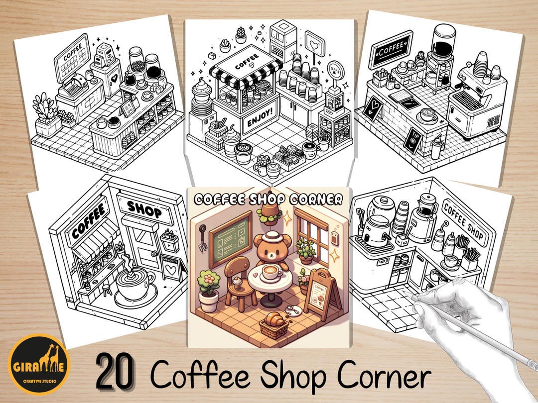 Bold and Easy Coloring Book, Cute Coffee Shop Corner Coloring Pages ...