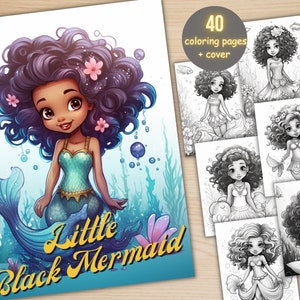 40 páginas para colorear de la pequeña sirena negra, lindas páginas para colorear de sirenas afro de fantasía para imprimir, libro para colorear submarino en escala de grises para adultos