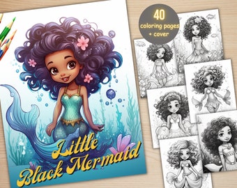 40 kleurboek kleine zwarte zeemeermin, afdrukbare fantasie schattige afro zeemeerminnen kleurplaten, onderwaterkleurboek in grijstinten voor volwassenen