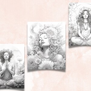 May include: Three black and white illustrations of women meditating in a peaceful setting. Each woman is surrounded by flowers and has long flowing hair. The illustrations are in a realistic style.