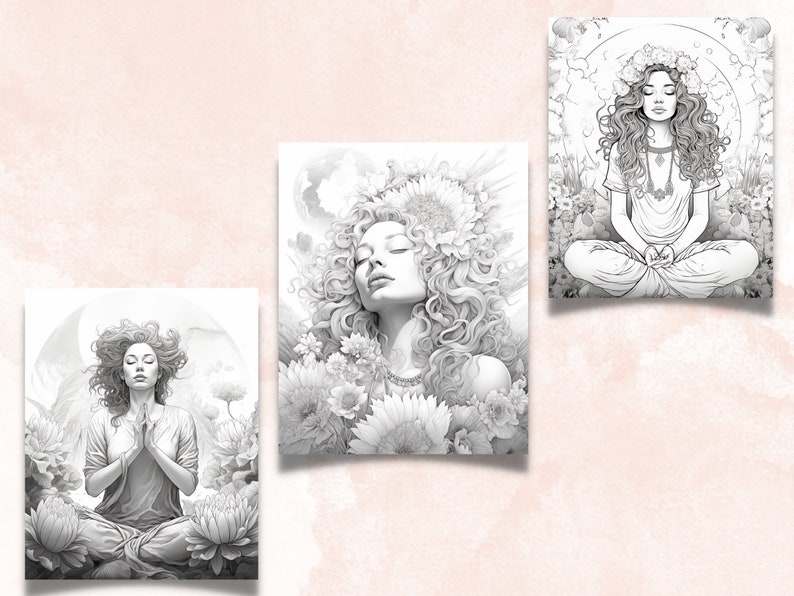 May include: Three black and white illustrations of women meditating in a peaceful setting. Each woman is surrounded by flowers and has long flowing hair. The illustrations are in a realistic style.