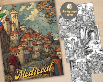 Livre de coloriage de 45 scènes médiévales, PDF imprimable, pages à colorier de villages médiévaux, livre de coloriage de château historique en niveaux de gris pour adultes et enfants