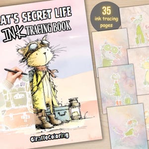 Puede incluir: Un libro para colorear titulado "Cat's Secret Life Ink Tracing Book" con una ilustración caprichosa de un gato con gafas de aviador y una gabardina. El libro incluye 35 páginas de trazado de tinta con diseños de gatos. De GiraffeColoring.