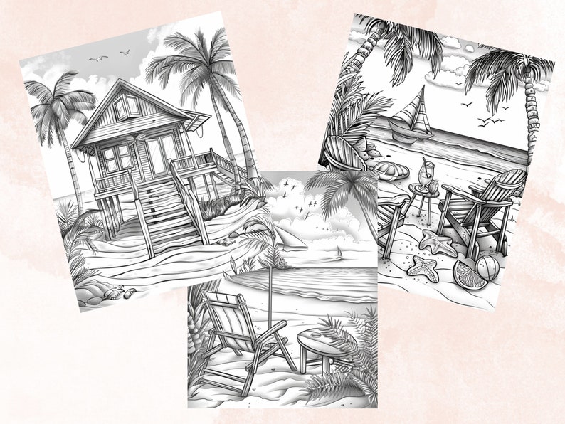 55 Summer Beach Coloring Book, Printable Summer Sea View Coloring Pages, Grayscale Tropical Vacation Landscape Coloring Book for Adults Kids