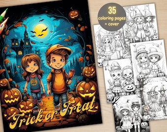 35 Trick or Treat Coloring Book, Printable Cute Creepy Pumpkin Witch Coloring Pages, Grayscale Halloween Kids Coloring Book for Adults