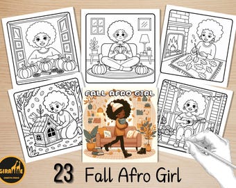 Fall Afro Girl Coloring Pages, Cozy Autumn Black Afro Girls Coloring, Bold and Easy Coloring Book, Relaxing Activity for Adults and Kids