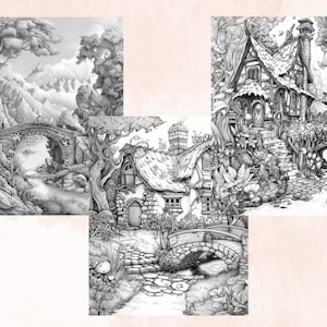 45 Forest Fairy Coloring Book, Printable Fairy Garden Scene Coloring Pages, Fairytale Castle Landscapes Grayscale Coloring Book for Adults