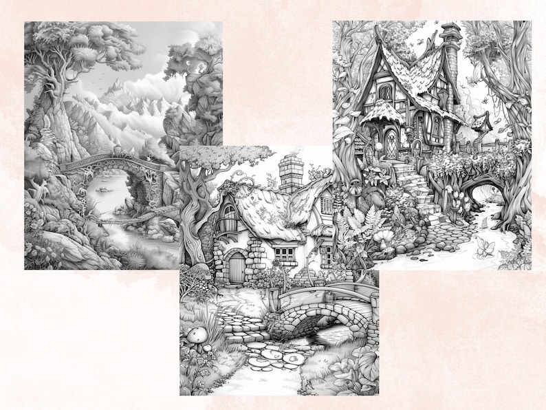 45 Forest Fairy Coloring Book, Printable Fairy Garden Scene Coloring Pages, Fairytale Castle Landscapes Grayscale Coloring Book for Adults